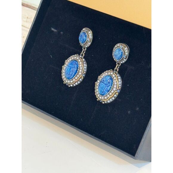 Heidi Daus Sparkling Scarab Carved Blue Stone & Crystal Drop Earrings - Picture 4 of 7
